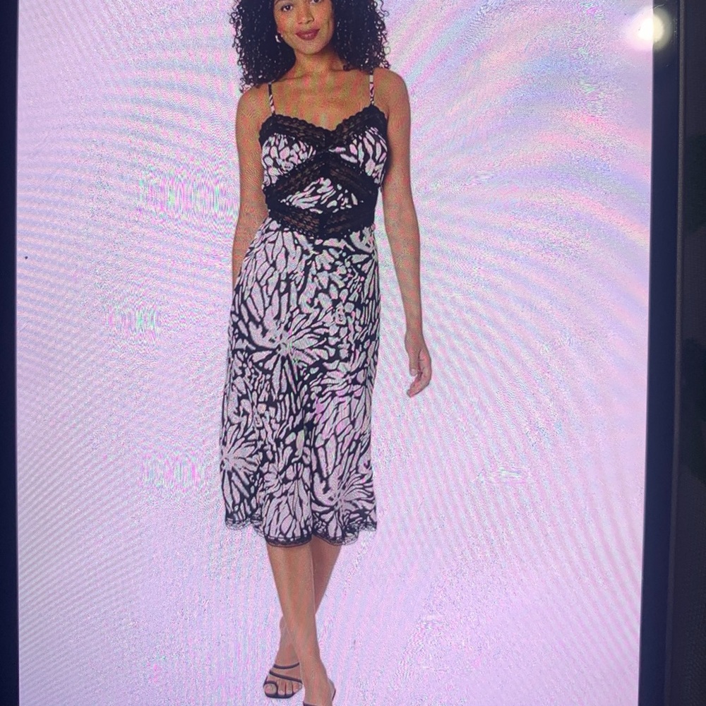 Betsey Johnson Black and White Blurred Lined Printed Dull Charmeuse Slip Dress